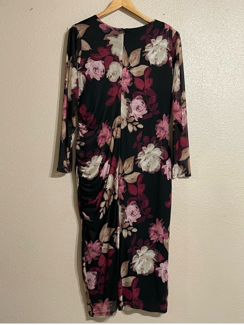 Taylor Floral Mesh Ruched Midi Dress 16W Black Pink Long Sleeve Plus - Picture 6 of 14